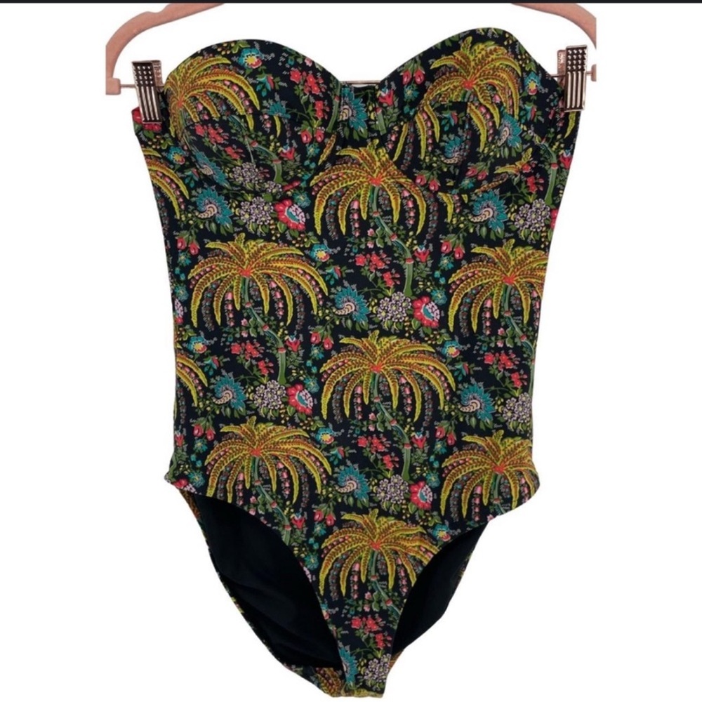 J. Crew Black Floral Strapless Swimsuit